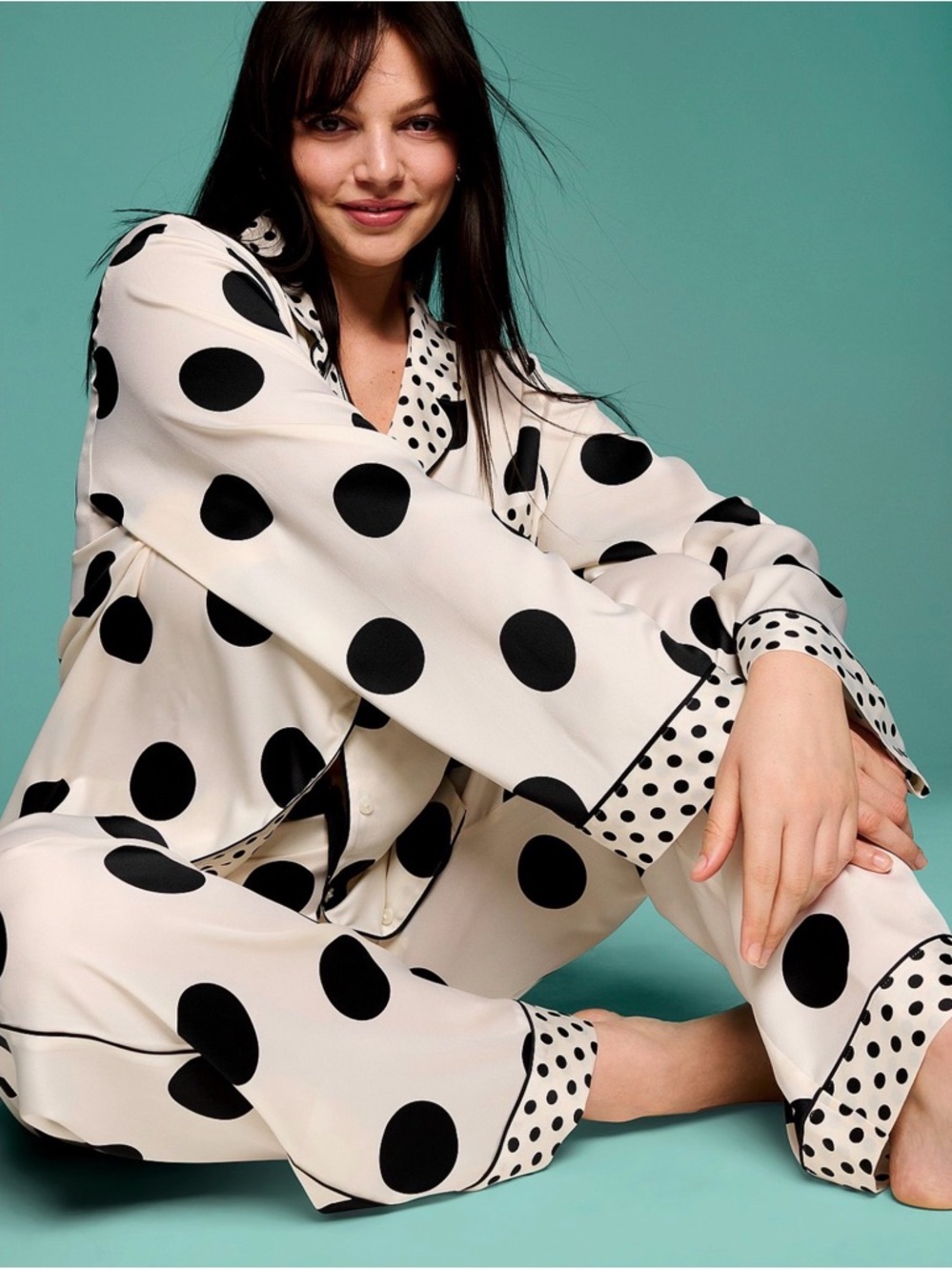 NWT Victoria's Secret Black & Tan Polka Dots Satin Pajama Set SZ SMALL
